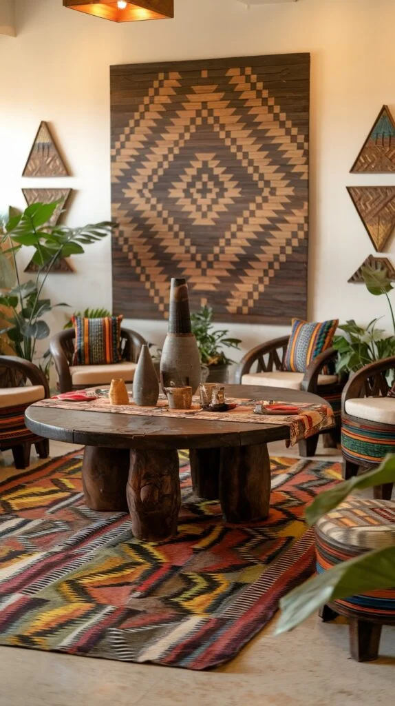 Round wooden coffee table, wooden chairs with patterned cushions, large geometric rug, and massive wooden diamond-patterned wall art.