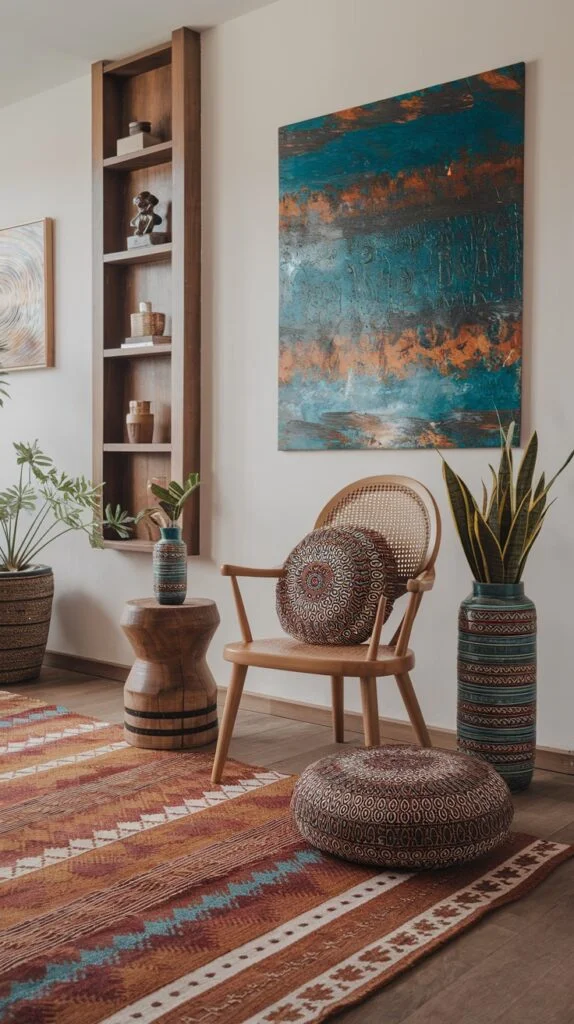 Wooden armchair with round patterned cushion, ottoman, small wooden stool, tall patterned vase, and large abstract painting with blue and orange tones.