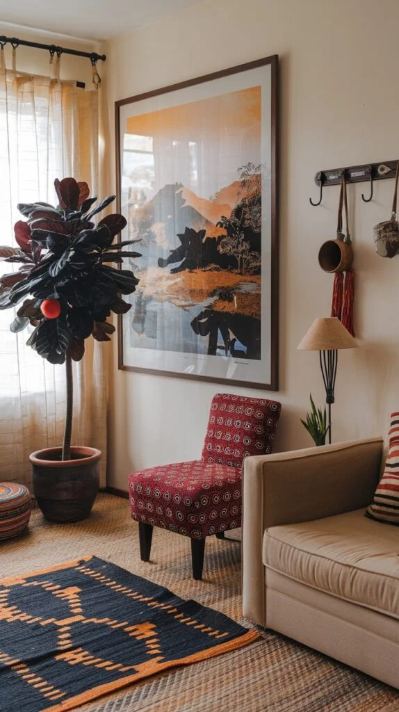 Light sofa, red patterned armchair, natural fiber rug, framed landscape painting with elephants, and dark-leafed potted plant.
