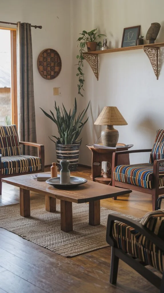 Two wooden armchairs with multi-colored striped upholstery, natural wooden coffee table, large potted plant, wooden wall shelf, and patterned lamp.