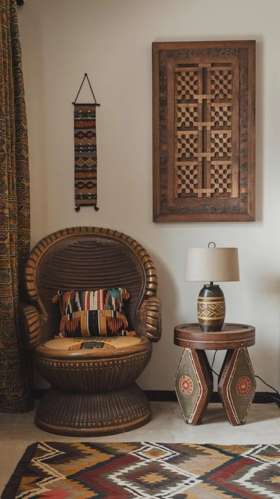 Large carved wooden armchair with patterned cushion, carved wooden wall panel, patterned table lamp, and geometric rug.