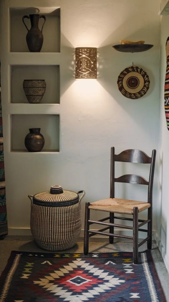 Corner with large woven basket, wooden chair with woven seat, built-in wall niches with decorative vases, and geometric patterned rug.