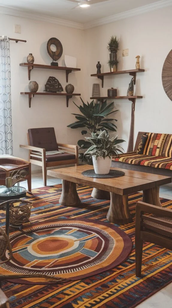 Living room with wooden coffee table, armchairs, floating shelves with decor, large round patterned rug.