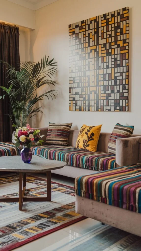 Brown sofa with striped cushions and yellow accent pillow, round coffee table with flowers, large abstract geometric painting.