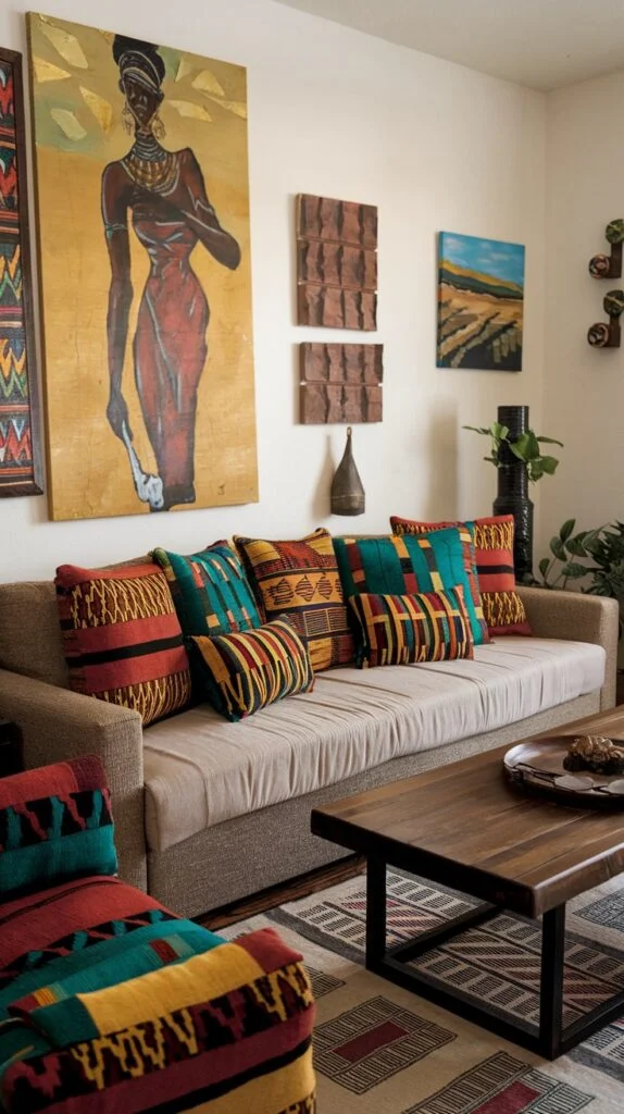 Living room with beige sofa, colorful Kente-patterned pillows, matching armchair, wooden coffee table, and portrait of African woman.