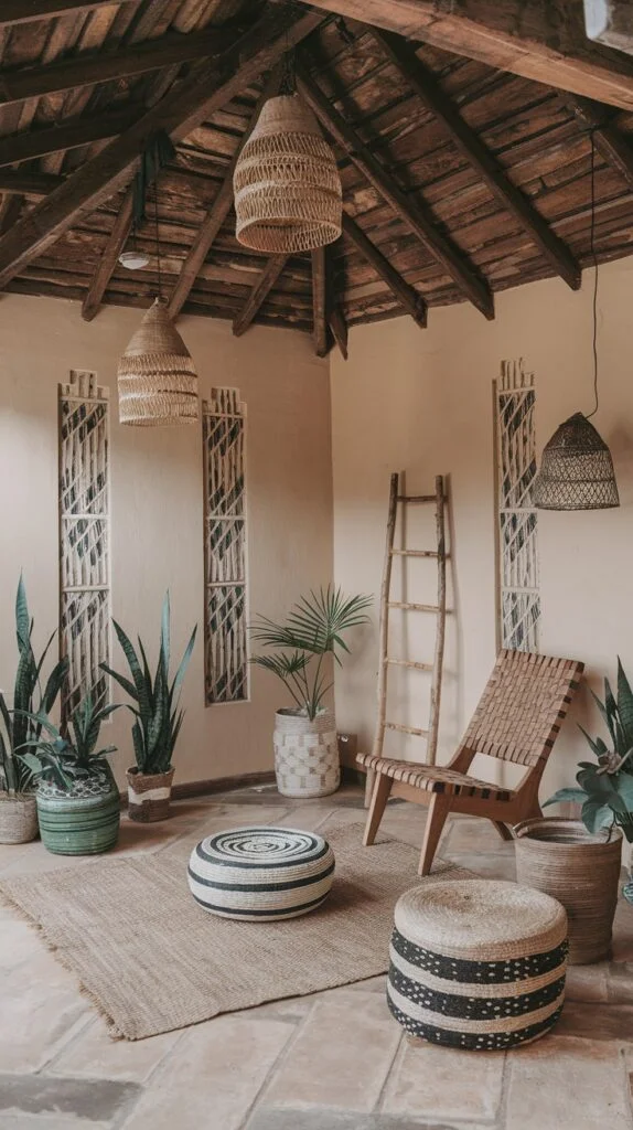 Natural-toned patio with woven pendant lights, wooden slatted chair, black and cream poufs, jute rug, potted plants, and decorative wall panels.