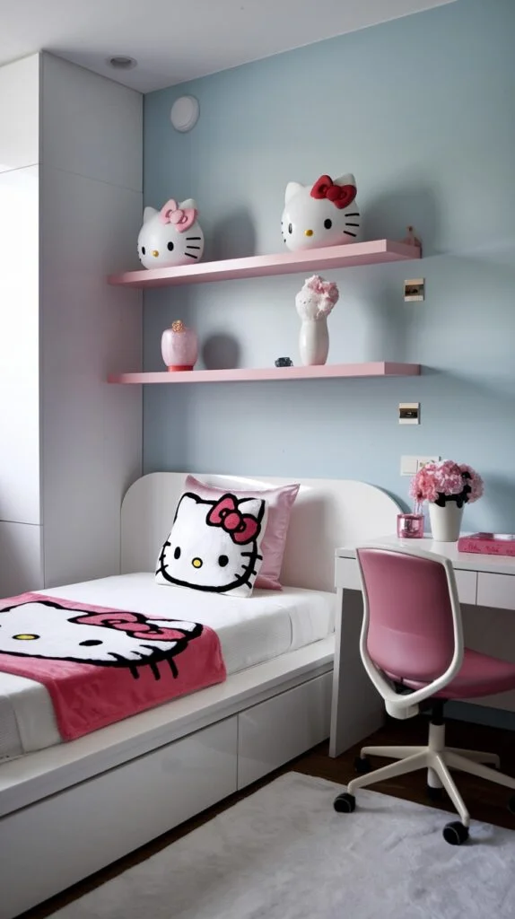A Hello Kitty bedroom with light blue walls, white bed with Hello Kitty pillow, pink floating shelves, white desk, and pink chair.