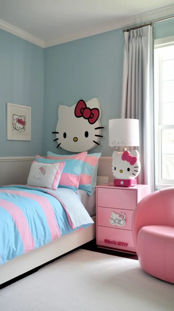 A pastel Hello Kitty bedroom with light blue walls, white bed with pink and blue striped bedding, Hello Kitty wall decoration, pink nightstand, and pink accent chair.