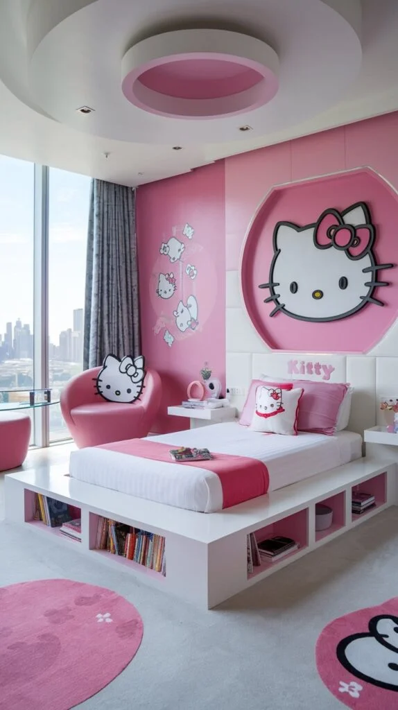 A luxurious Hello Kitty bedroom with vibrant pink walls, large 3D Hello Kitty wall art, white platform bed with shelves, pink armchair, and city views.