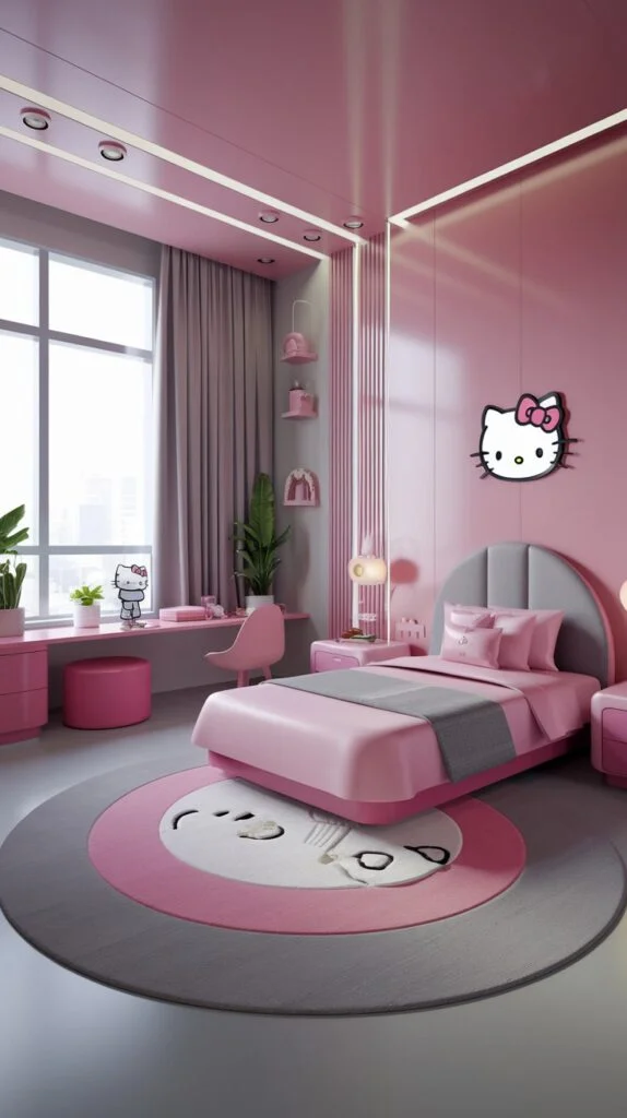 A stylish Hello Kitty bedroom with pink walls, grey headboard, pink bed, Hello Kitty wall art, circular pink and grey rug, and pink desk.