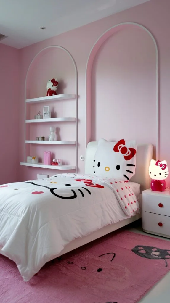 A vibrant Hello Kitty bedroom with pink walls, white arched wall details, floating shelves, white bed with Hello Kitty pillow, and pink rug.
