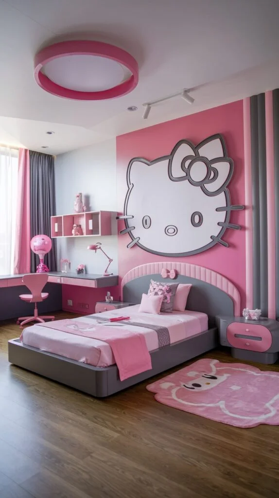 A modern Hello Kitty bedroom with large 3D Hello Kitty wall art, pink and grey wall panels, grey bed, circular pink ceiling light, and pink desk.
