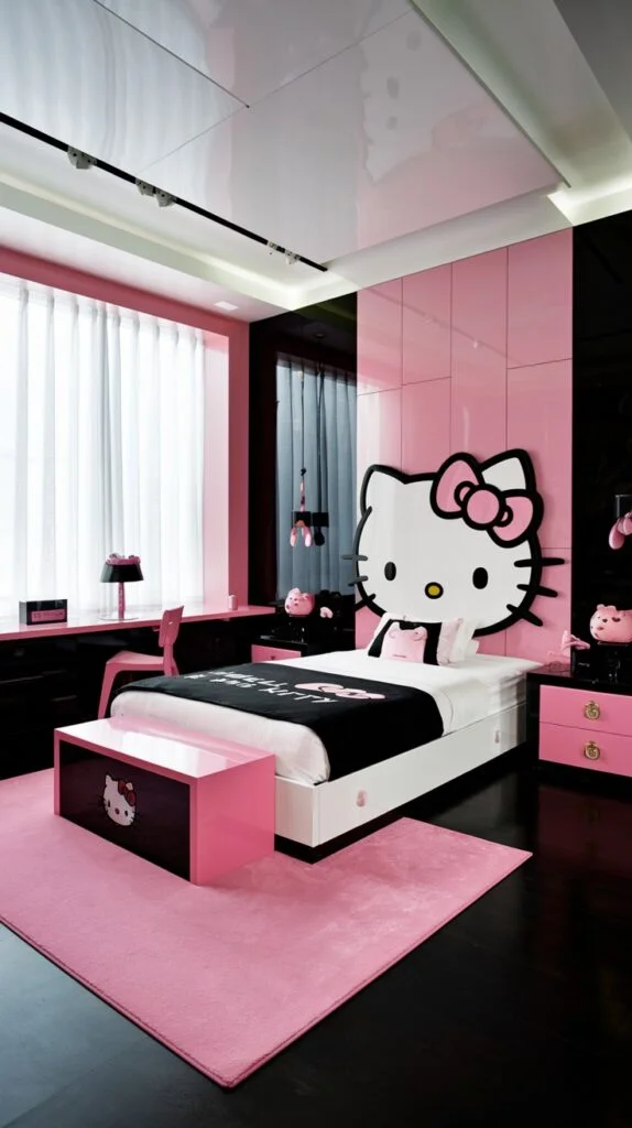 A bold Hello Kitty bedroom with black and pink walls, white bed with Hello Kitty headboard, black bedding, pink storage bench, and vibrant pink rug.