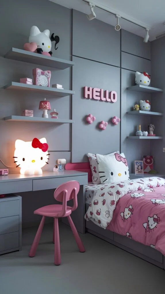 A sleek Hello Kitty bedroom with dark grey walls, floating shelves with Hello Kitty figures, grey desk with Hello Kitty lamp, and pink chair.