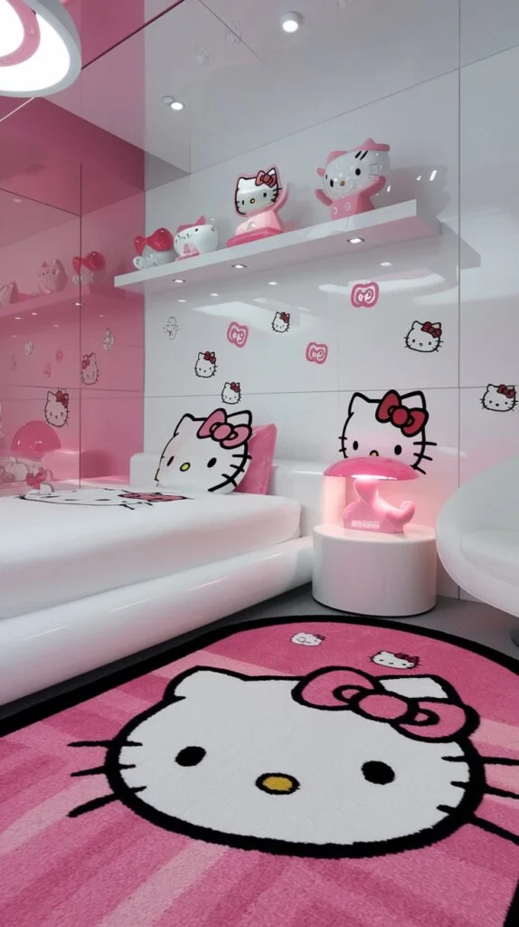 A bright Hello Kitty bedroom with pink and white striped walls, white bed with Hello Kitty pillows, Hello Kitty lamp, and large Hello Kitty rug.