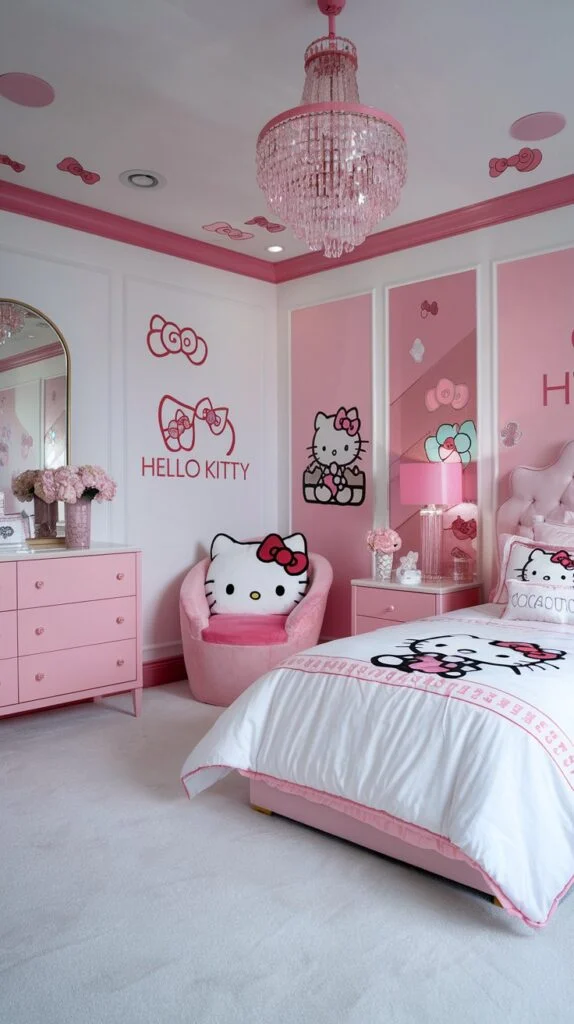 An elegant Hello Kitty bedroom with white walls, pink wainscoting, Hello Kitty bow decals, pink bed, dresser, armchair, and sparkling pink chandelier.