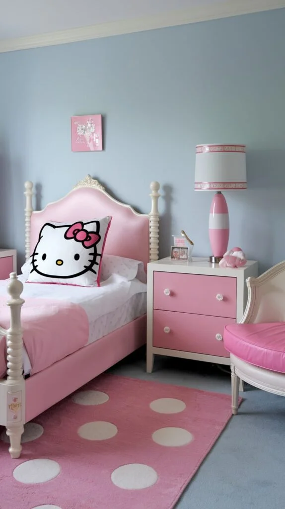 A soft Hello Kitty bedroom with light blue walls, pink spindle bed, Hello Kitty pillow, pink nightstand with lamp, and pink polka dot rug.