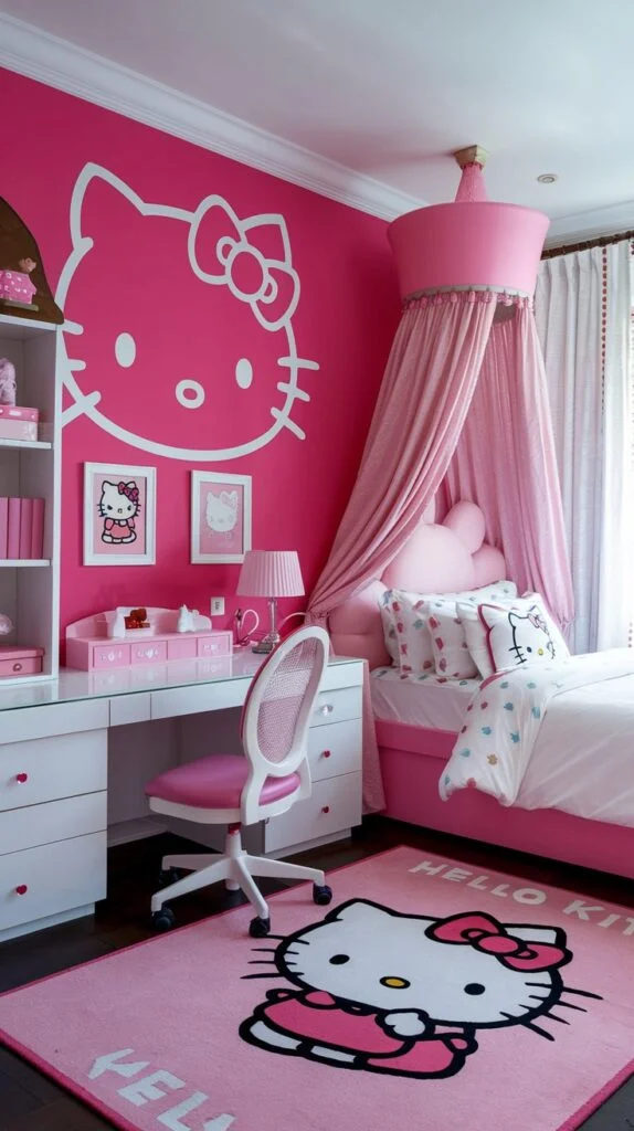 A vibrant Hello Kitty bedroom with hot pink walls, large white Hello Kitty outline, pink canopy bed, white desk with pink chair, and Hello Kitty rug.