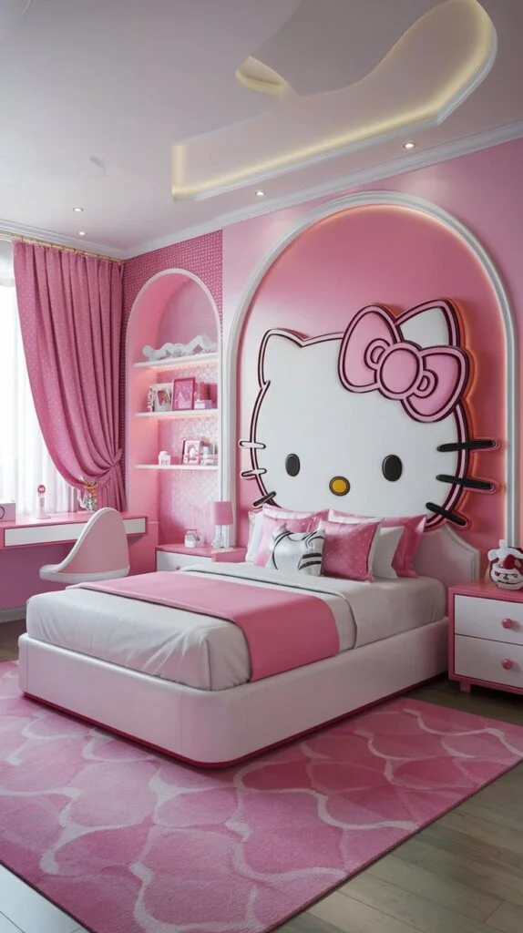 A luxurious Hello Kitty bedroom with a large white Hello Kitty headboard in an arched alcove, pink walls and curtains, and patterned pink rug.
