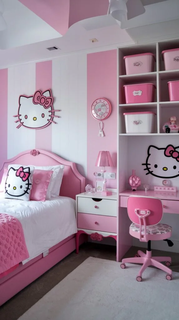 A Hello Kitty bedroom with pink and white striped walls, pink bed with Hello Kitty pillow, built-in shelving with pink bins, pink desk and chair.