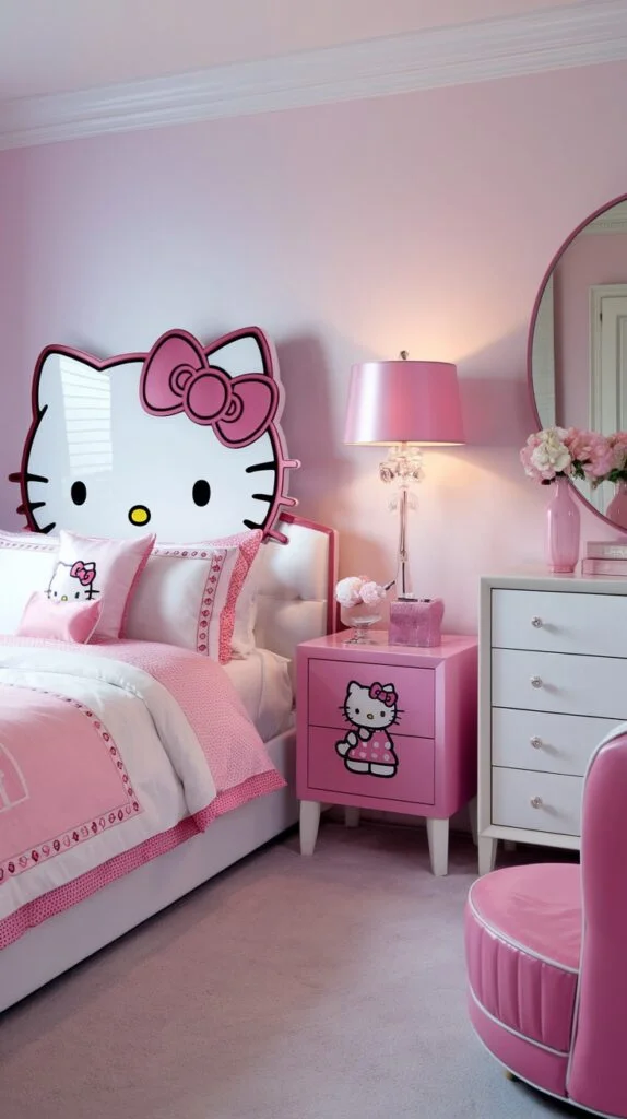 A bright Hello Kitty bedroom with light pink walls, large Hello Kitty headboard, white and pink bed, pink nightstand, dresser, lamp, and round mirror.