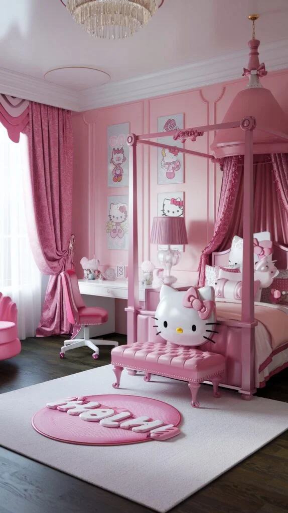 An opulent Hello Kitty bedroom with pink four-poster canopy bed, plush Hello Kitty bench, pink walls with framed art, and crystal chandelier.