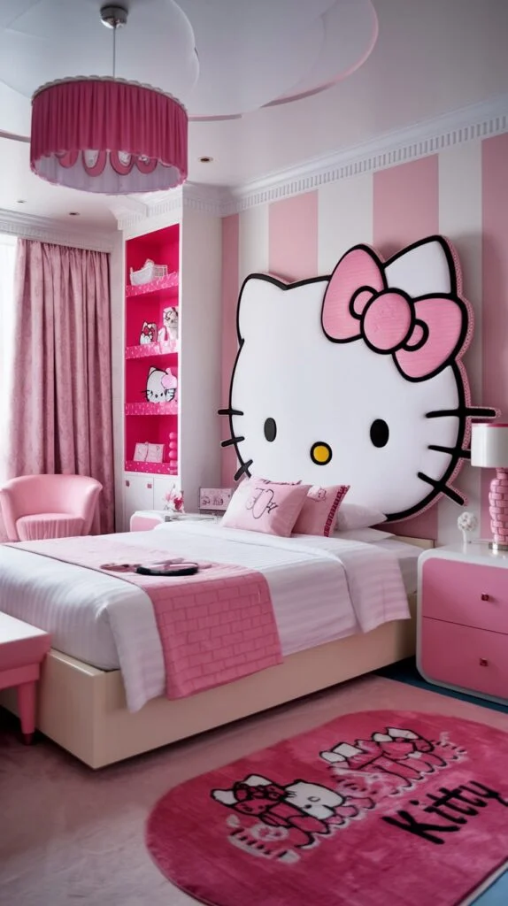 A lively Hello Kitty bedroom with wide pink and white striped wall, giant Hello Kitty headboard, pink shelves and curtains, and vibrant pink Hello Kitty rug.