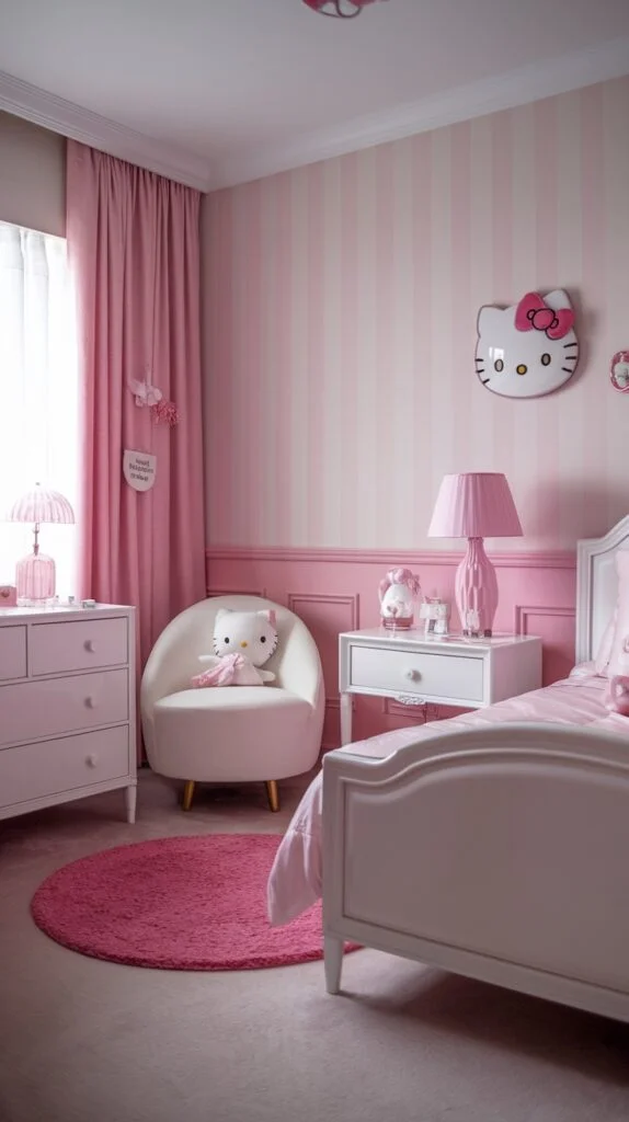 A serene Hello Kitty bedroom with pink and white striped accent wall, pink curtains, white bed, white armchair with Hello Kitty pillow, and pink furniture.