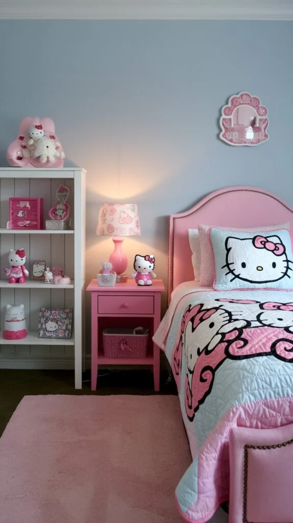 A cozy Hello Kitty bedroom nook with light blue walls, pink Hello Kitty bedding, white bookshelf filled with Hello Kitty items, pink nightstand, and Hello Kitty lamp.