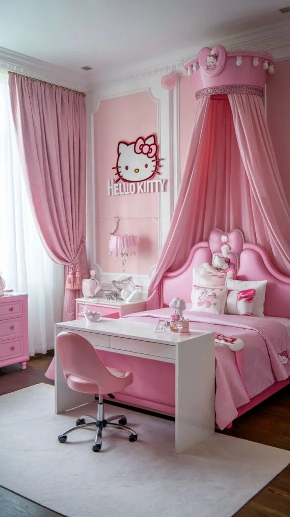 An elegant Hello Kitty bedroom with soft pink walls, pink canopy bed, large Hello Kitty wall art, white desk with pink chair, and pink curtains.