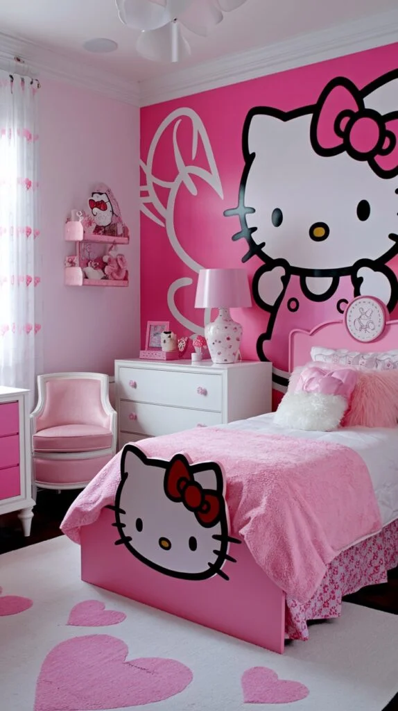 A vibrant Hello Kitty bedroom with a large Hello Kitty face mural on a hot pink wall, pink bed with Hello Kitty footboard, white rug with pink hearts, and pink and white curtains.