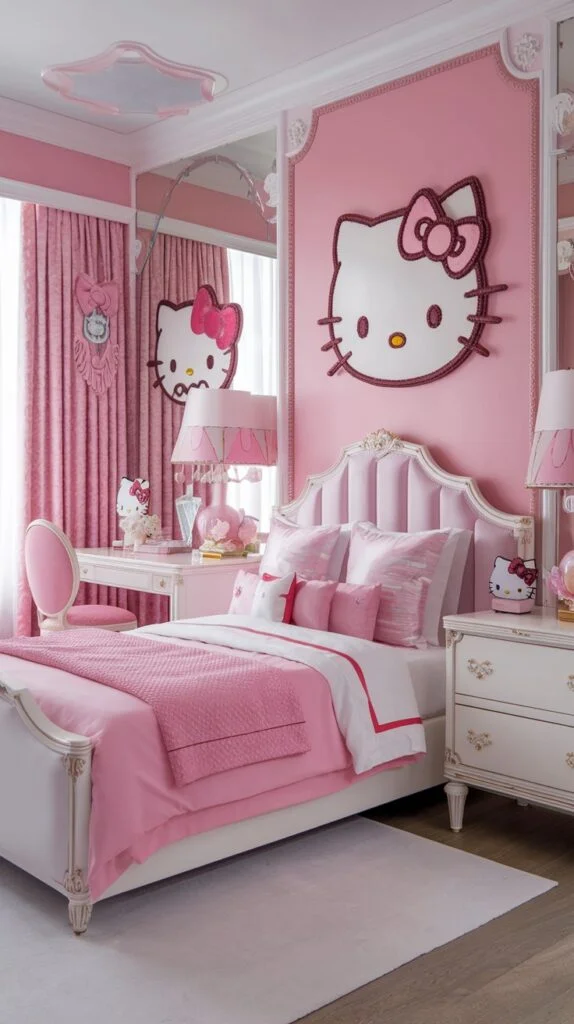 Elegant Hello Kitty princess bedroom with tufted headboard, vintage white and gold furniture, layered pink bedding, and large Hello Kitty wall decoration.