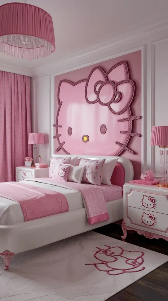 Bold Hello Kitty bedroom with oversized pink Hello Kitty headboard on the wall, pink and white bedding, pink lamps, and playful decor.
