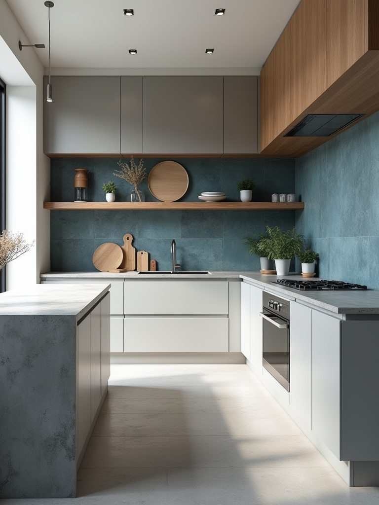Contemporary kitchen showcasing a cohesive color palette and material scheme with grey cabinets, blue backsplash, concrete island, and oak shelves.
