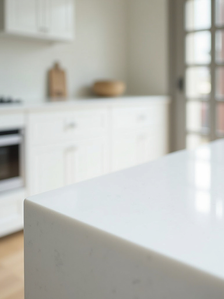 Contemporary kitchen island featuring pristine white quartz countertops with a waterfall edge, clean minimalist design, professional photography, focus on surface material.