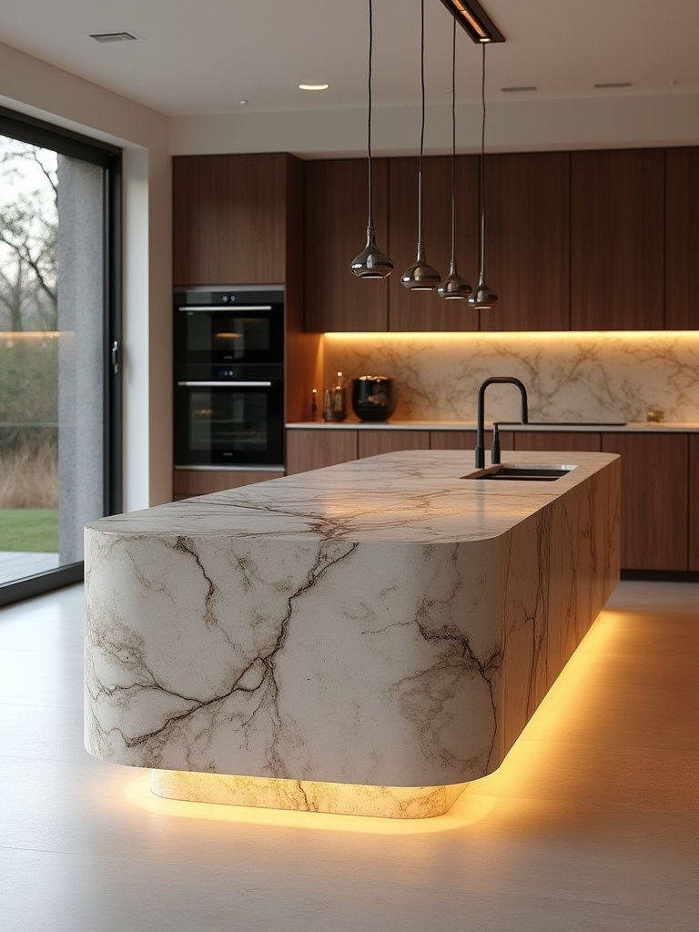 Modern kitchen with a sculptural architectural island as a central feature, featuring sleek lines, integrated seating, and task lighting.