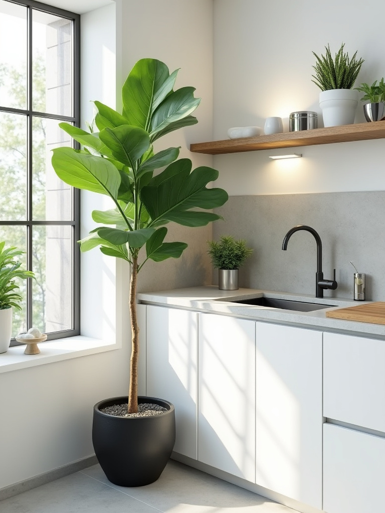 A minimalist contemporary kitchen with a large Fiddle Leaf Fig tree in a dark planter, along with small potted plants on open shelving, exemplifying biophilic design.