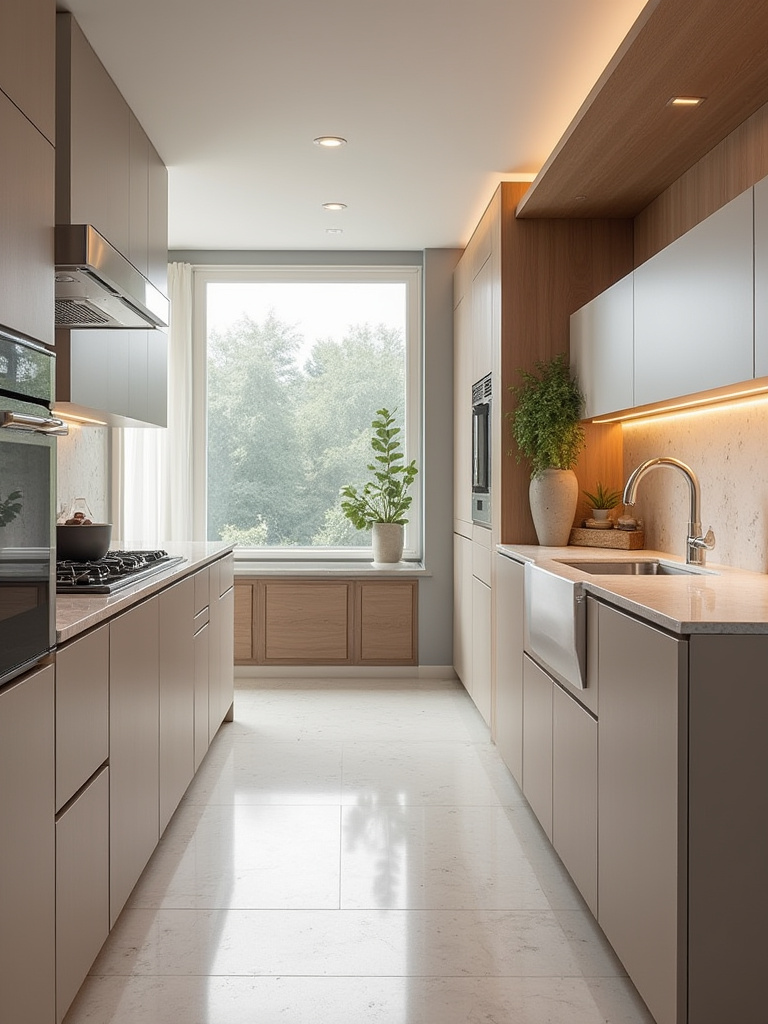 Contemporary accessible kitchen featuring varied height countertops, a lower workstation with knee clearance, side-opening oven, microwave drawer, lever handles, and a touchless faucet.