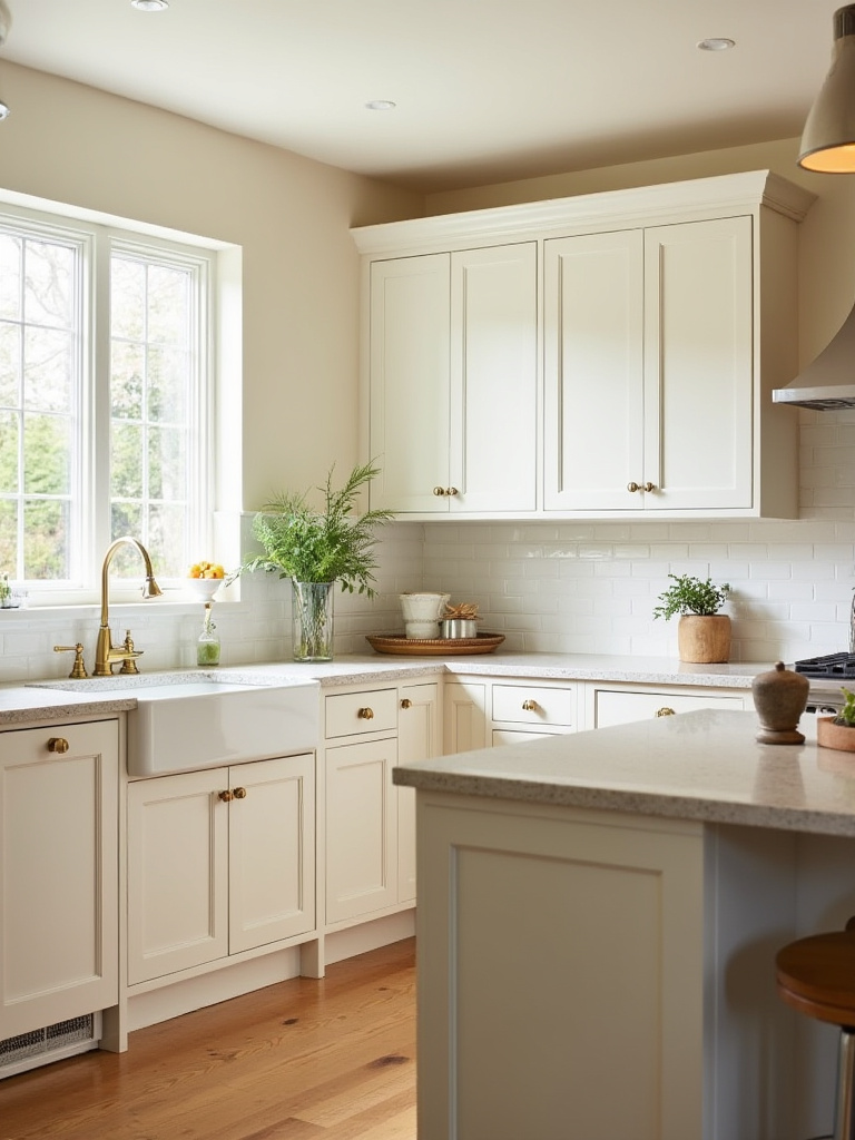 Traditional kitchen in warm neutral tones with natural materials and brass accents