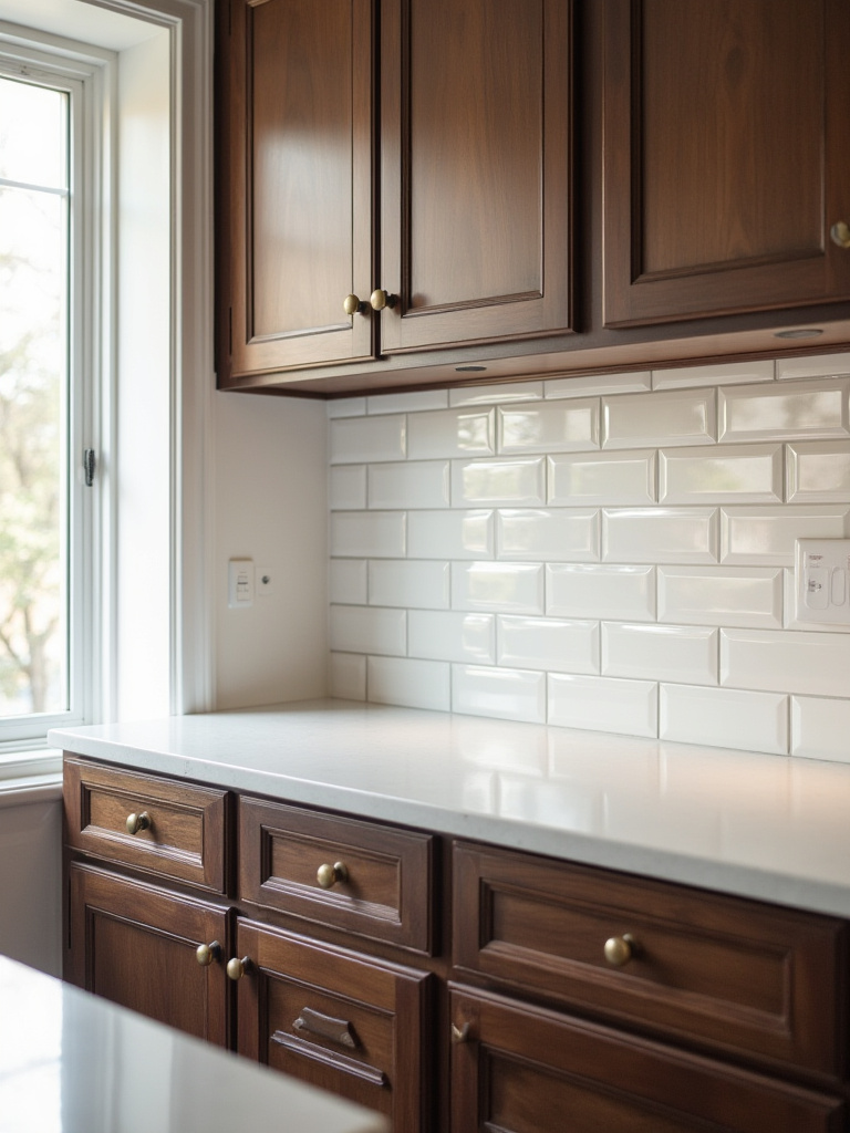 Portrait of a traditional kitchen with subway tile or beadboard backsplash