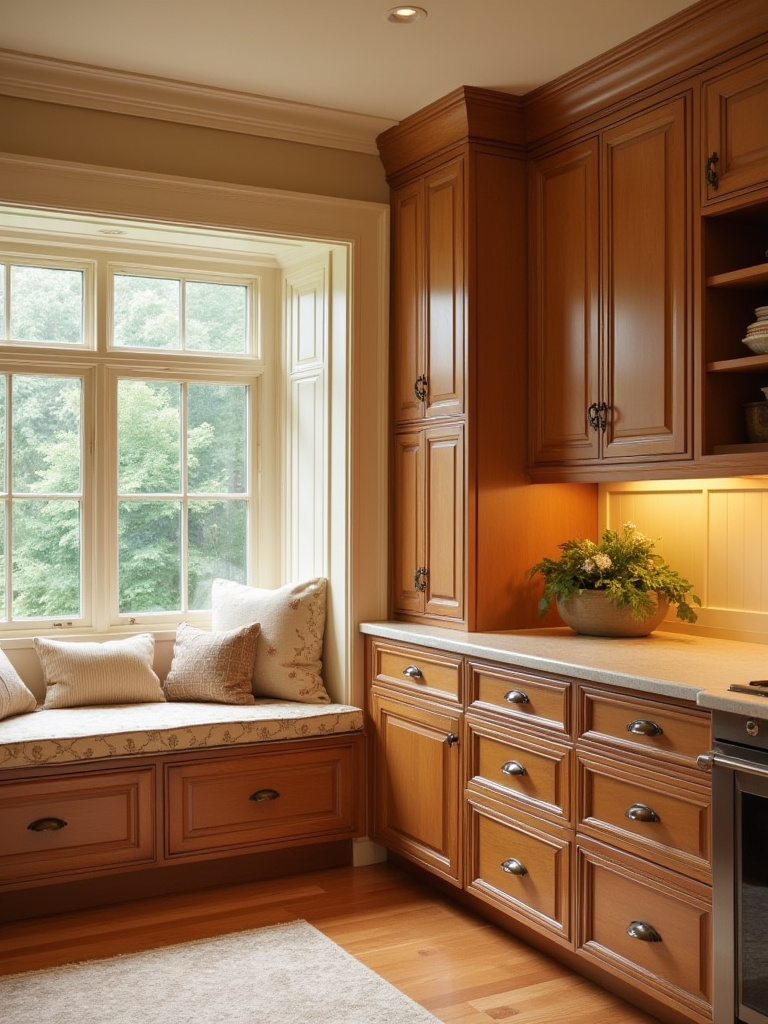 Traditional kitchen with built-in window seat and matching cabinetry