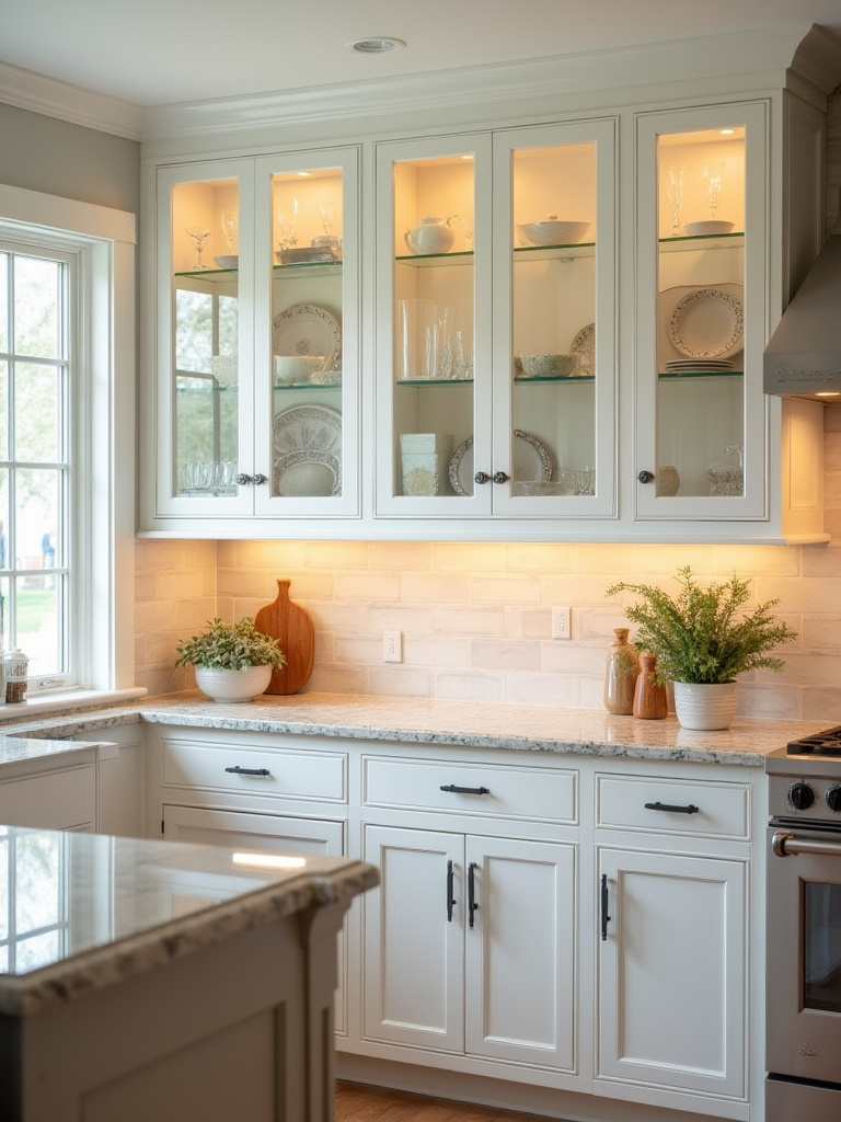 Traditional kitchen with glass-front cabinet doors and light-filled display