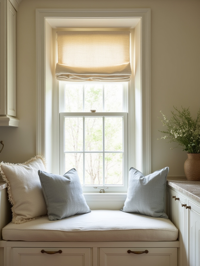 Portrait of a traditional kitchen with linen Roman shade and cafe curtains adding softness