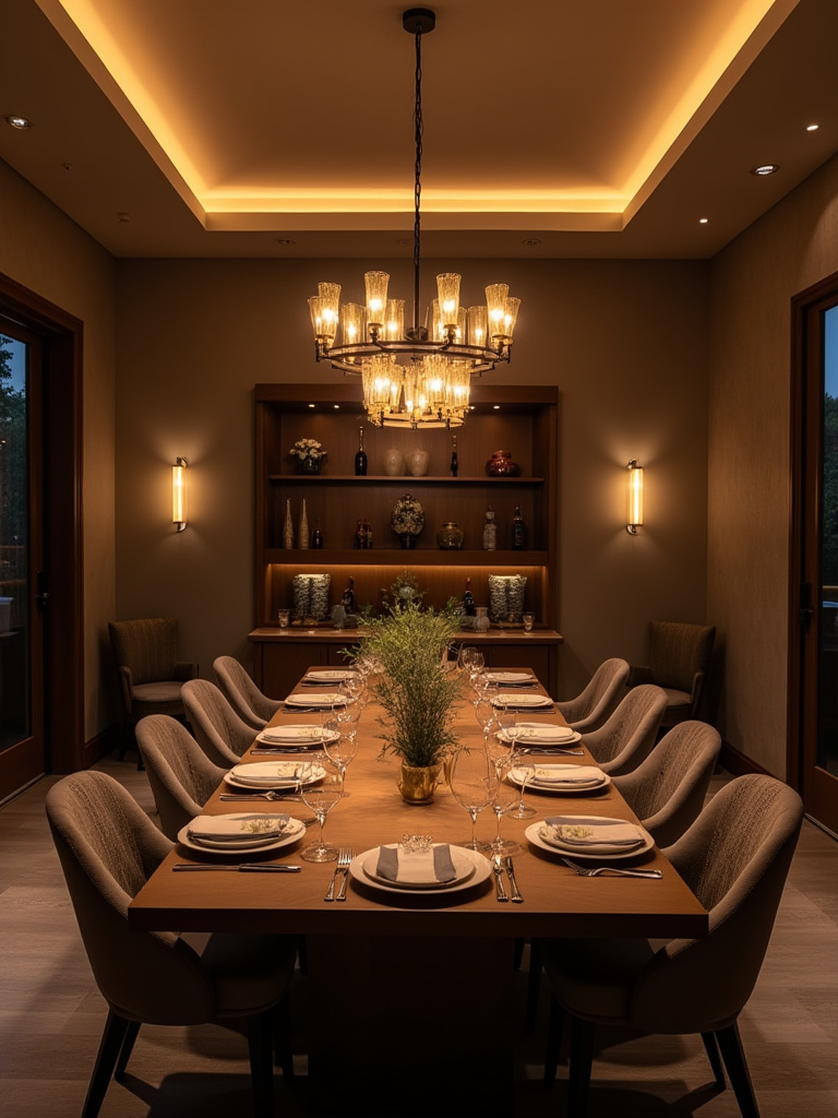 Dining room with chandelier and layered lighting