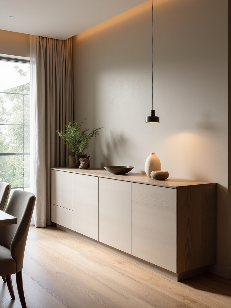Modern dining room with sleek sideboard and ambient lighting