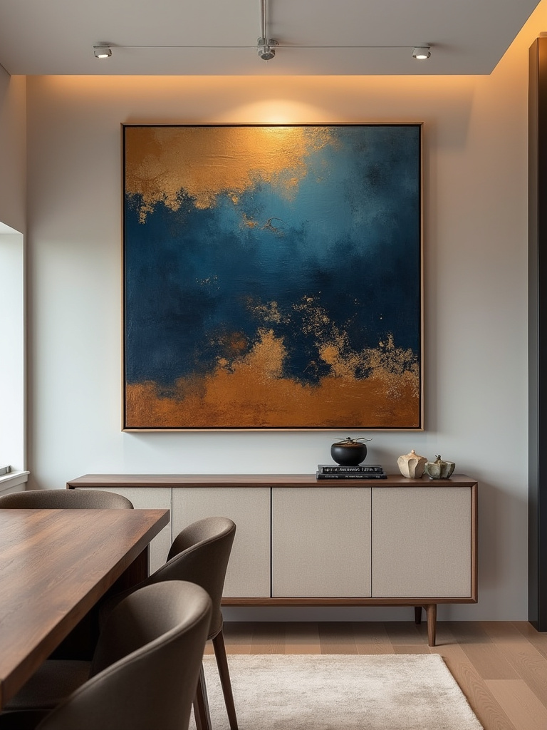 Dining room with bold statement artwork as focal point
