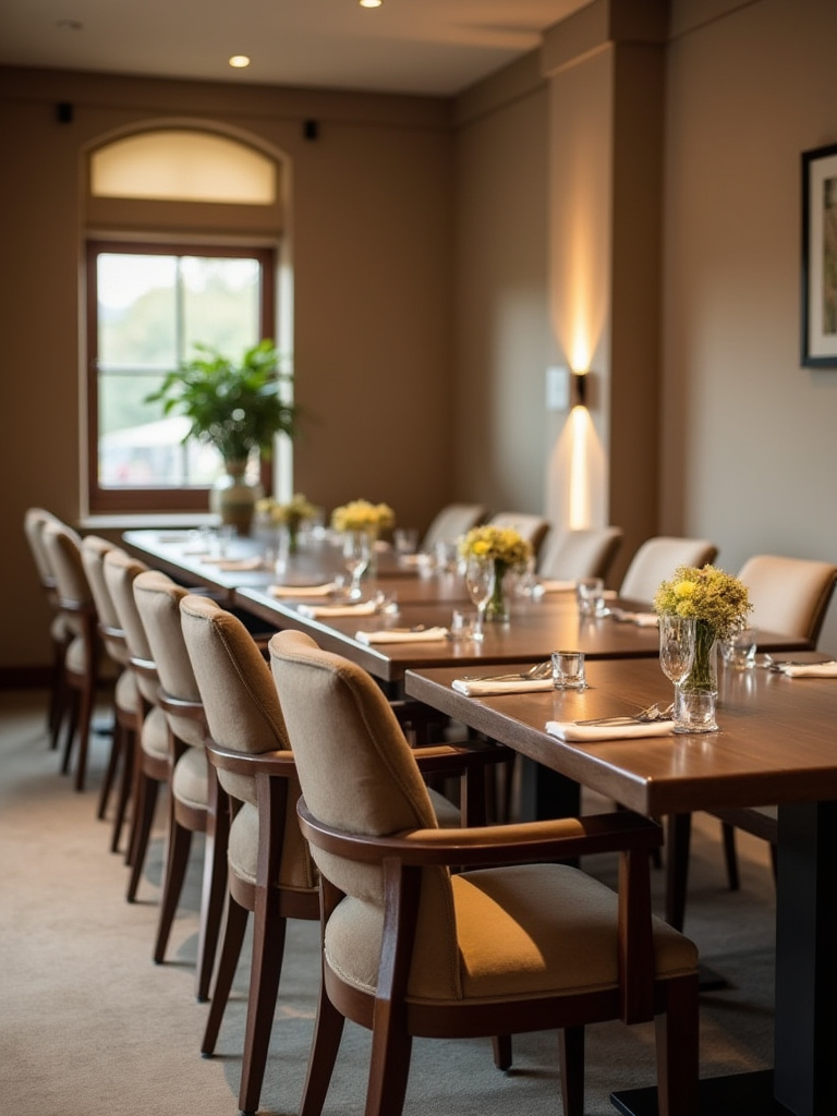 Stylish dining room with plush upholstered chairs around a wooden table