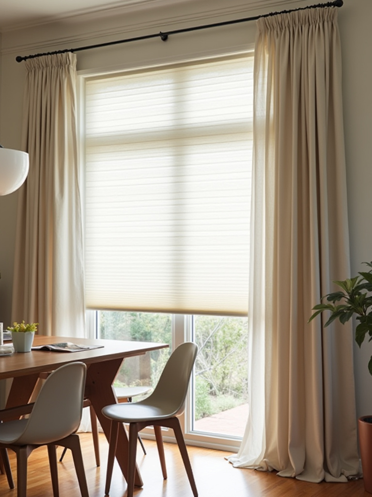Dining room with layered window treatments for light control and privacy