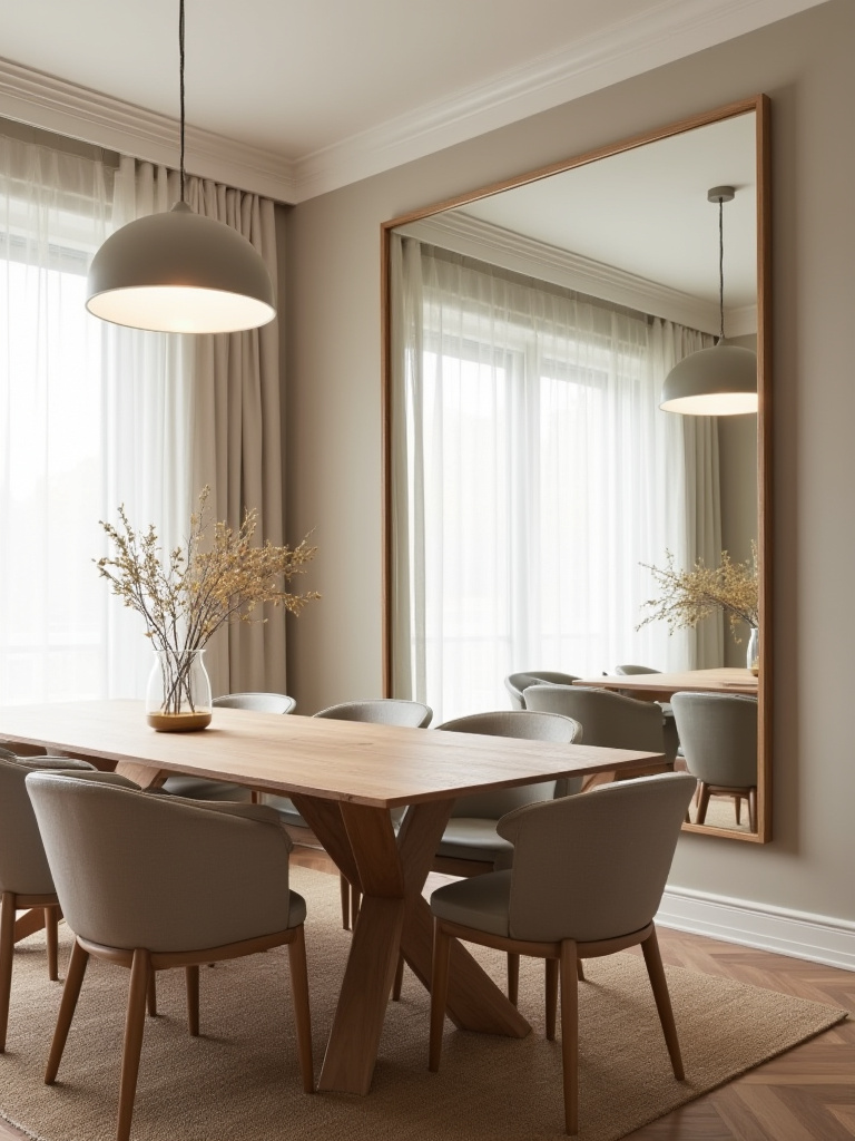 Dining room with large wall mirror reflecting daylight