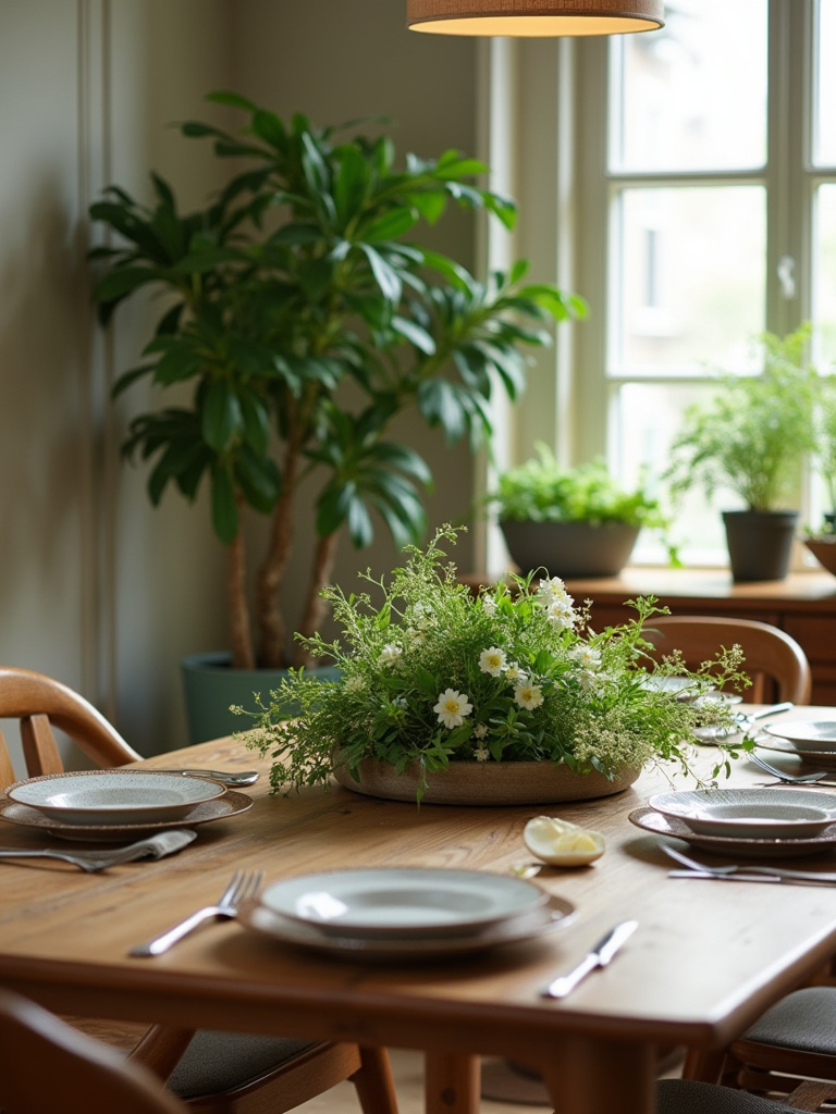 Dining room with greenery and floral arrangements